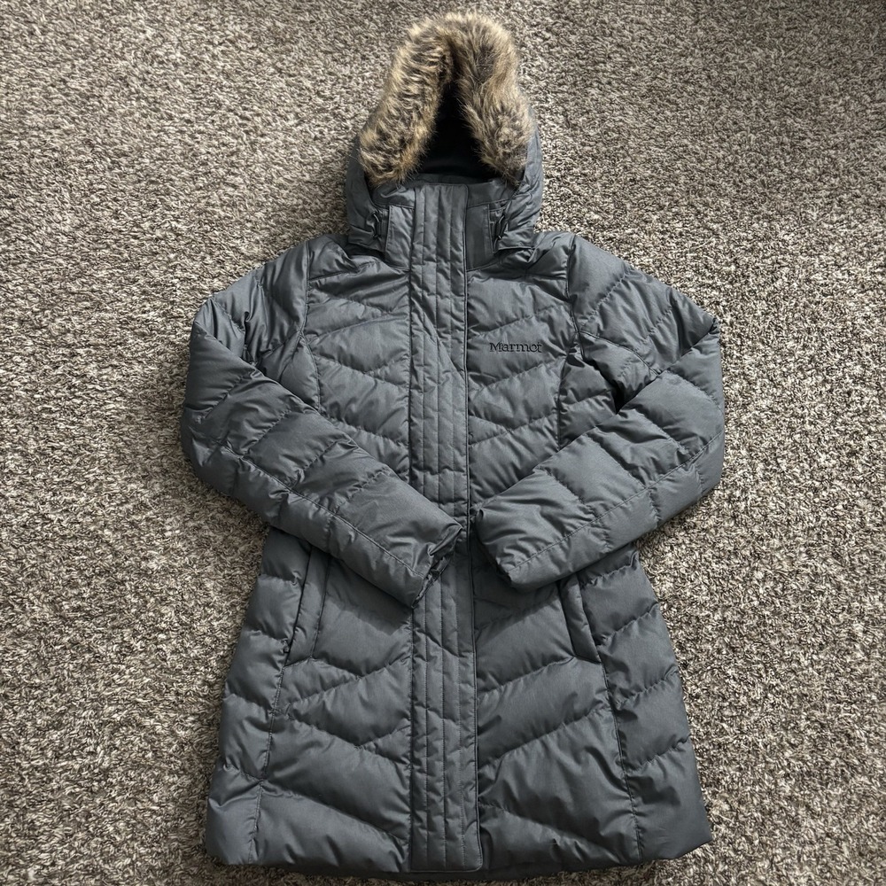 Marmot Women's Montreal Coat Sz XS 700 Fill Down Hooded Jacket Gray Puffy Puffer